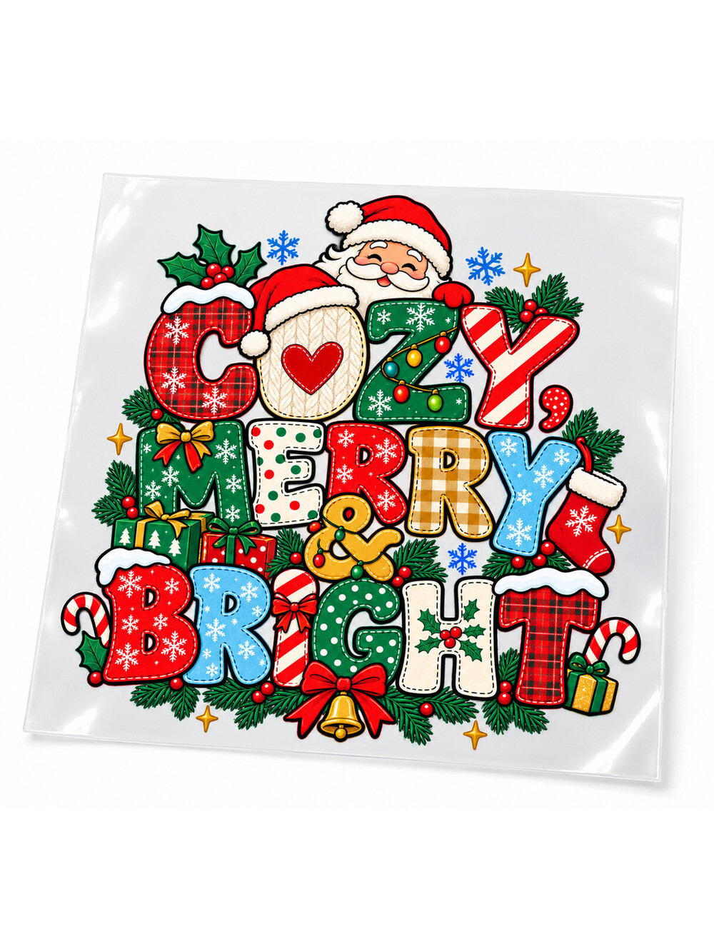 Cozy Merry Bright Christmas DTF Transfer 10 Inch Ready to Press Pack of 4